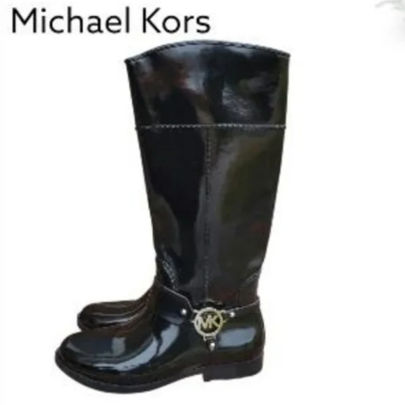 Michael Kors Fulton Tall Riding Harness Boot Black Gloss MK Logo Rain Women 8 - Picture 9 of 11